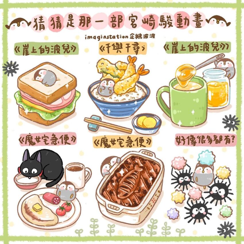 artist_name beak bird black_cat black_eyes blush_stickers border bowl cat chinese_commentary chinese_text chopsticks coffee commentary_request cup fish food food_focus green_border holding holding_spoon honey imaginstation jar meat milk mug no_humans omelet on_food oversized_object penguin pet_bowl plate sandwich sausage sen_to_chihiro_no_kamikakushi shrimp shrimp_tempura simple_background sitting solid_circle_eyes spoon susuwatari tea tempura tomato translation_request white_background