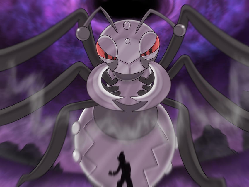 1boy ant antennae blurry bug commentary durant dynamax gen_5_pokemon giant highres insect kosaburou looking_down mandibles nintendo outdoors pokemon pokemon_(creature) pokemon_swsh red_eyes silhouette sky smoke victor_(pokemon)