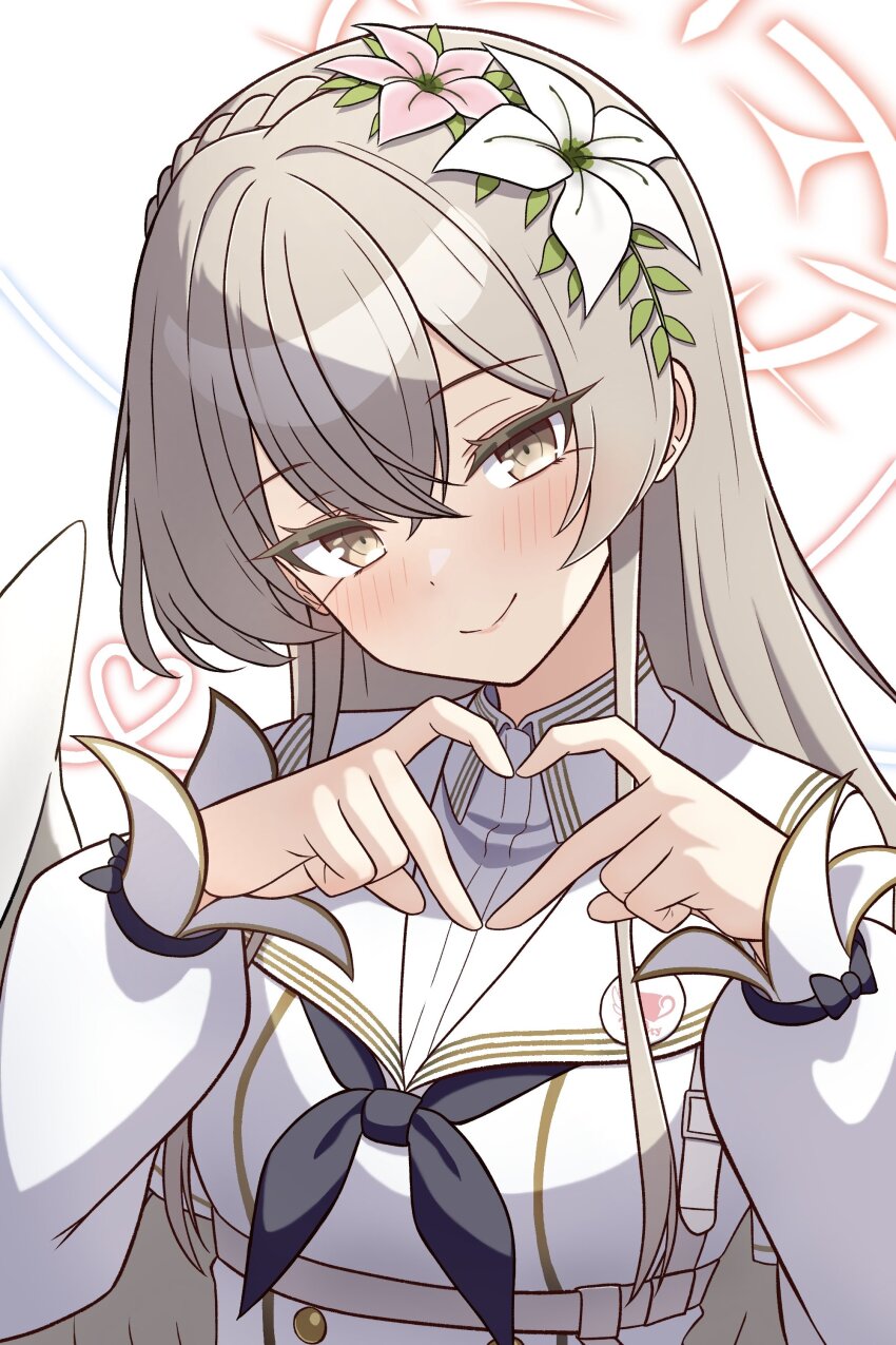 1girl absurdres angel_wings black_neckerchief blue_archive blush brown_hair dress feathered_wings flower gosyamadaiji hair_between_eyes hair_flower hair_ornament halo heart heart_hands highres long_hair long_sleeves looking_at_viewer nagisa_(blue_archive) neckerchief simple_background smile white_background white_dress white_wings wings yellow_eyes