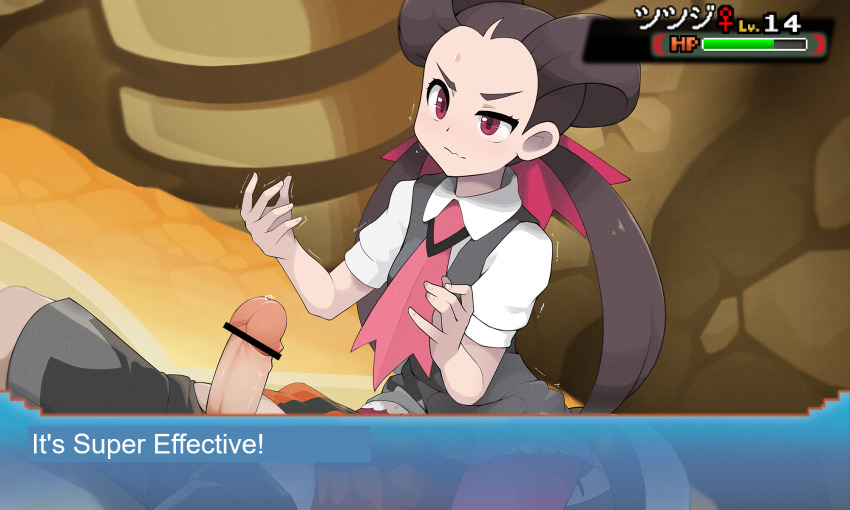 1boy 1girl bar_censor beanie brendan_(pokemon) brown_hair censored character_name closed_mouth collared_shirt dialogue_box erection eyelashes gym_leader hair_rings hat health_bar highres indoors kim_da-yoon long_hair necktie nintendo pantyhose penis pokemon pokemon_gym pokemon_oras precum purple_pantyhose roxanne_(pokemon) shirt short_sleeves shorts translated trembling twintails venus_symbol wavy_mouth white_shirt