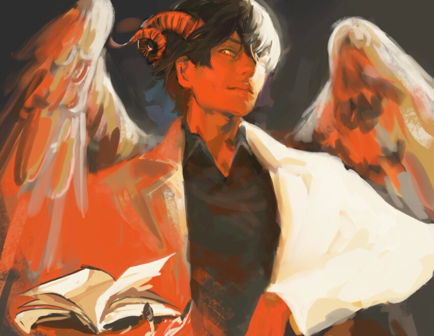 1boy black_hair black_shirt book coat collared_shirt demon_horns double-parted_bangs elbow_rest feathered_wings fingernails glowing glowing_eyes hair_between_eyes holding holding_book horns looking_at_viewer macaronijail male_focus official_alternate_costume omniscient_reader&#039;s_viewpoint open_book painterly red_eyes sharp_fingernails shirt short_hair sidelighting smirk solo upper_body white_coat white_wings wings