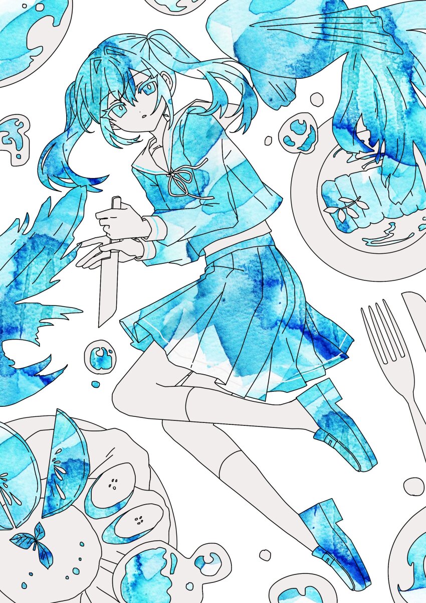 1girl absurdres banana banana_slice blue_eyes blue_hair blue_serafuku blue_shoes blue_skirt blue_theme check_commentary commentary_request danjou_sora eyelashes food fork fruit full_body hair_between_eyes hair_intakes hatsune_miku highres holding holding_knife kneehighs knife koi loafers long_sleeves looking_at_viewer medium_hair melon melon_slice monochrome mousou_kanshou_daishou_renmei_(vocaloid) parted_lips pleated_skirt ribbon sailor_collar sailor_shirt school_uniform serafuku shirt shoes sidelocks skirt socks solo twintails vocaloid