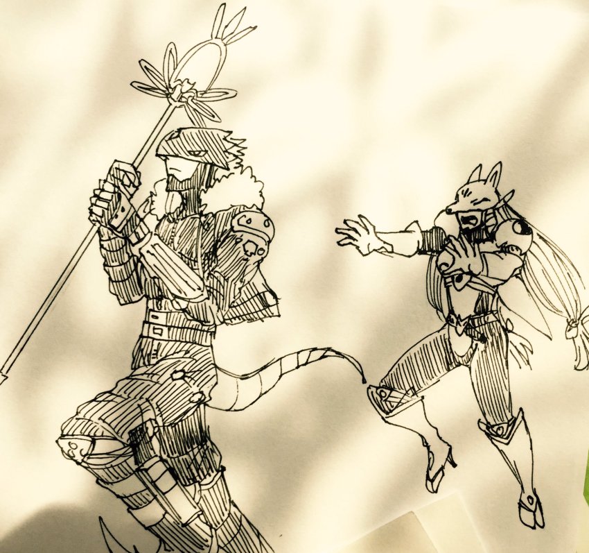 beelzebumon demon demon_boy digimon highres mask running sakuyamon staff stealing tail
