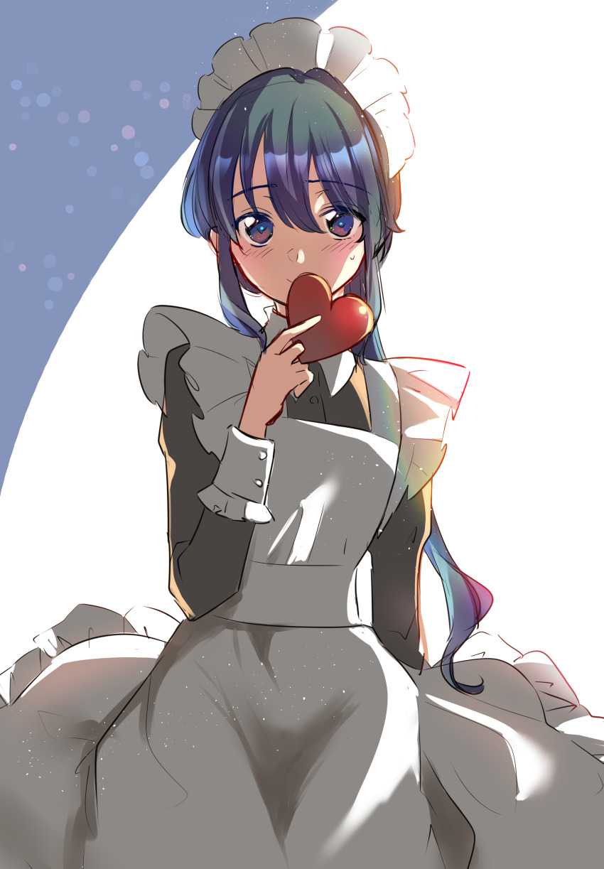 1boy absurdres alternate_costume apron azusa_(azchemist63) black_dress blue_eyes blue_hair blush buttoned_cuffs buttons collared_dress covering_own_mouth cowboy_shot crossdressing crossdressing_(mtf) dress enmaided fire_emblem fire_emblem:_genealogy_of_the_holy_war frilled_apron frills hair_between_eyes heart highres holding holding_heart light_particles long_hair long_skirt looking_at_viewer low_ponytail maid maid_apron maid_headdress male_focus male_maid nintendo ponytail seliph_(fire_emblem) sidelocks simple_background skirt small_sweatdrop smile solo waist_ribbon white_apron white_background