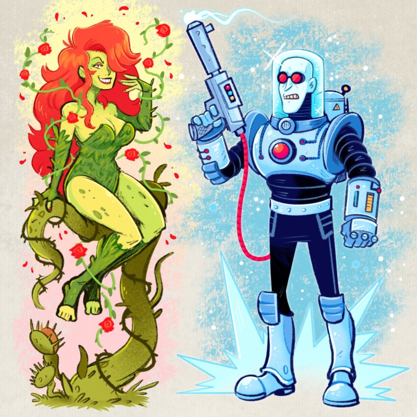 1boy 1girl bald batman_(series) blue_skin breasts colored_skin commentary dc_comics english_commentary fishbowl_helmet florakinesis gloves green_leotard green_skin gun highres holding holding_gun holding_weapon ice leaf_clothing leaf_leotard leotard long_hair looking_at_viewer monster_girl mostlyghostly mr._freeze plant plant_clothing plant_girl poison_ivy red_goggles red_hair red_lips smile standing teeth vines weapon