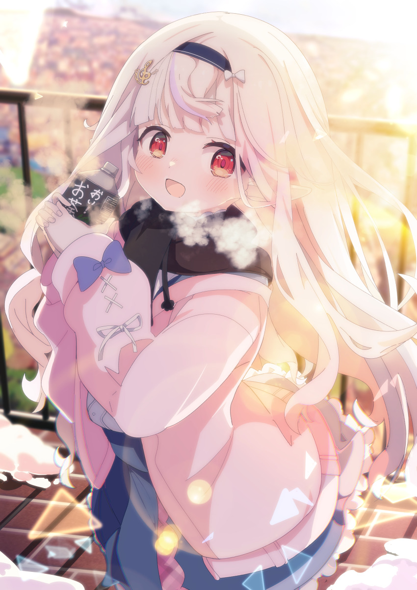 1girl :d absurdres black_scarf blonde_hair blue_bow blue_skirt blurry blurry_background blush bottle bow breath commission depth_of_field hair_bow hair_ornament hairband highres holding holding_bottle indie_virtual_youtuber jacket lens_flare long_hair long_sleeves looking_at_viewer mashiro_kanon multicolored_hair open_clothes open_jacket open_mouth outdoors pink_jacket pointy_ears puffy_long_sleeves puffy_sleeves purple_hair railing red_eyes scarf shiro9jira shirt skeb_commission skirt smile solo streaked_hair sunlight very_long_hair virtual_youtuber white_hair white_shirt