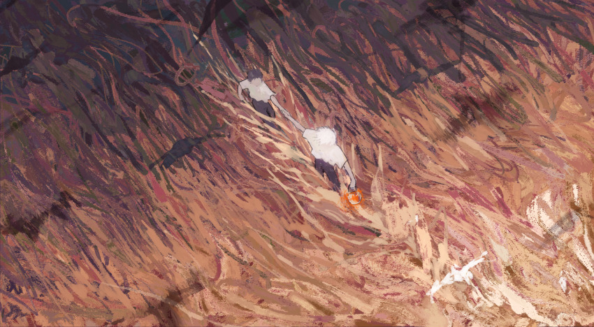 2boys abstract black_pants brown_hair brush_stroke faux_traditional_media field highres hj_hikari0606 ikari_shinji impressionism multiple_boys nagisa_kaworu neon_genesis_evangelion orange_theme outdoors painterly pants pulling_arm scenery shirt short_hair white_hair white_shirt wide_shot