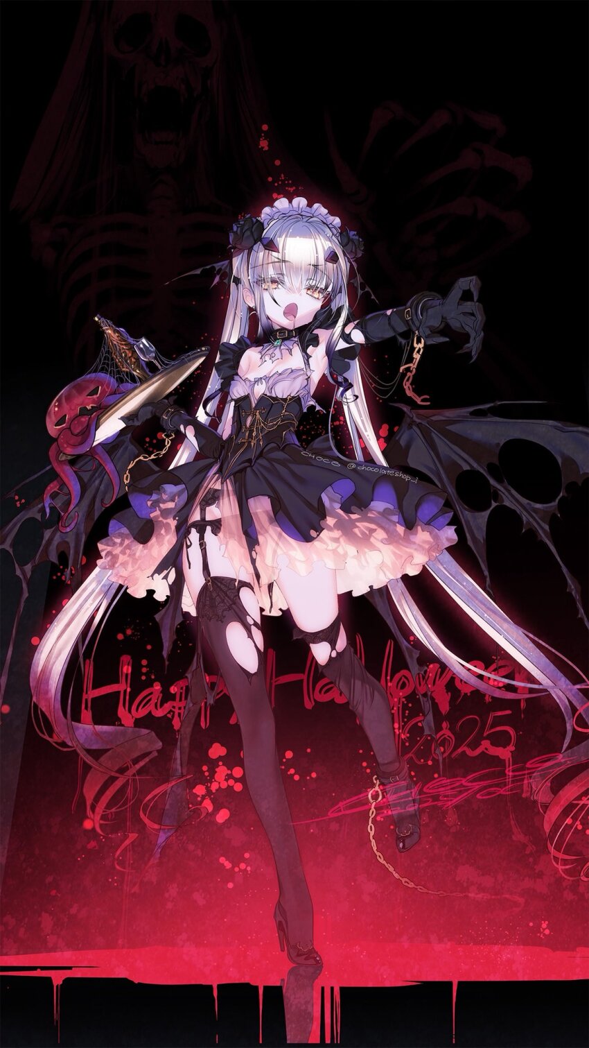 1girl bare_shoulders black_dress black_gloves black_thighhighs breasts choco_(chocolate_shop) dress fate/grand_order fate_(series) forked_eyebrows full_body gloves highres long_hair looking_at_viewer maid_headdress melusine_(fate) open_mouth sidelocks small_breasts solo thighhighs tray white_hair wings yellow_eyes