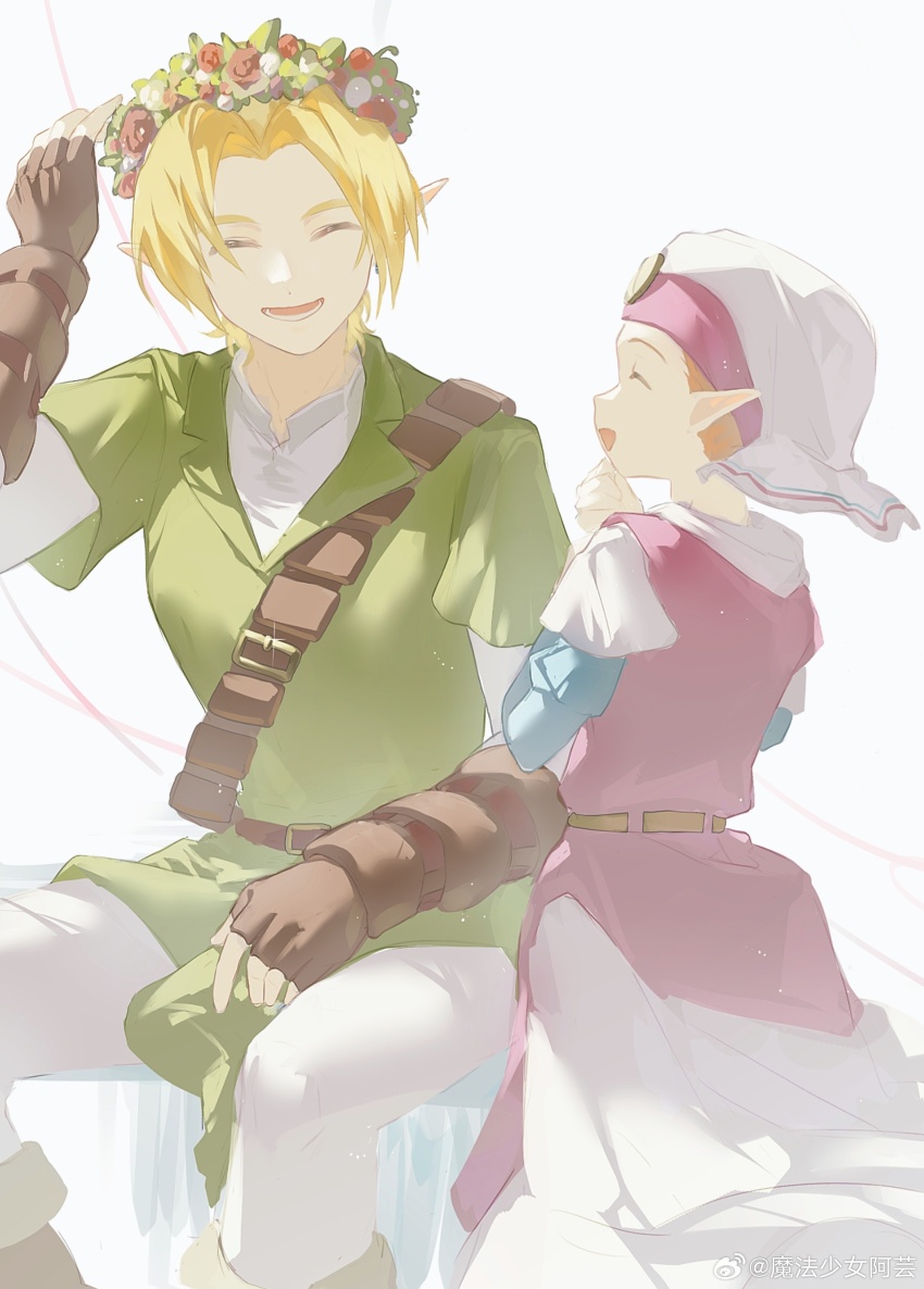 1boy 1girl absurdres armor belt blonde_hair boots brown_belt brown_gloves chinese_commentary closed_eyes commentary_request dress elbow_gloves feet_out_of_frame fingerless_gloves flower gloves green_tunic hand_on_lap head_wreath highres layered_sleeves link long_dress long_sleeves nintendo orange_hair pants pauldrons pink_dress pointy_ears princess_zelda short_over_long_sleeves short_sleeves shoulder_armor shoulder_belt simple_background sitting smile the_legend_of_zelda the_legend_of_zelda:_ocarina_of_time time_paradox tunic white_background white_pants young_zelda yun_(dl2n5c7kbh8ihcx)