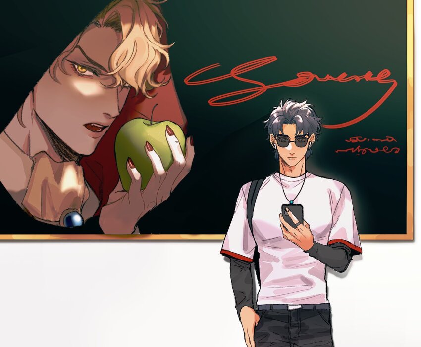1boy apple black_pants blonde_hair blue_hair cellphone closed_mouth commentary dio_brando english_commentary food fruit hako_iix07 holding holding_food holding_fruit holding_phone idol jojo_no_kimyou_na_bouken jonathan_joestar layered_sleeves long_sleeves male_focus outdoors pants phantom_blood phone red_nails shirt short_hair short_over_long_sleeves short_sleeves smartphone sunglasses sweatdrop yellow_eyes