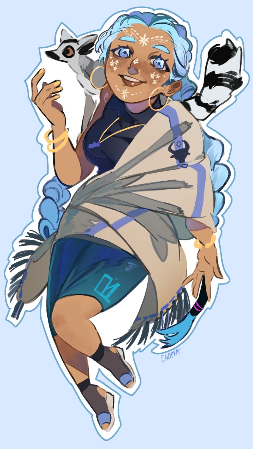 1girl :d animal animal_on_shoulder artist_name blue_eyes blue_hair bracelet chuppanoodles commentary dark-skinned_female dark_skin earrings english_commentary full_body hatsune_miku highres hoop_earrings ibispaint_(medium) jewelry lemur long_hair malagasy_miku open_mouth smile solo vocaloid worldwide_miku