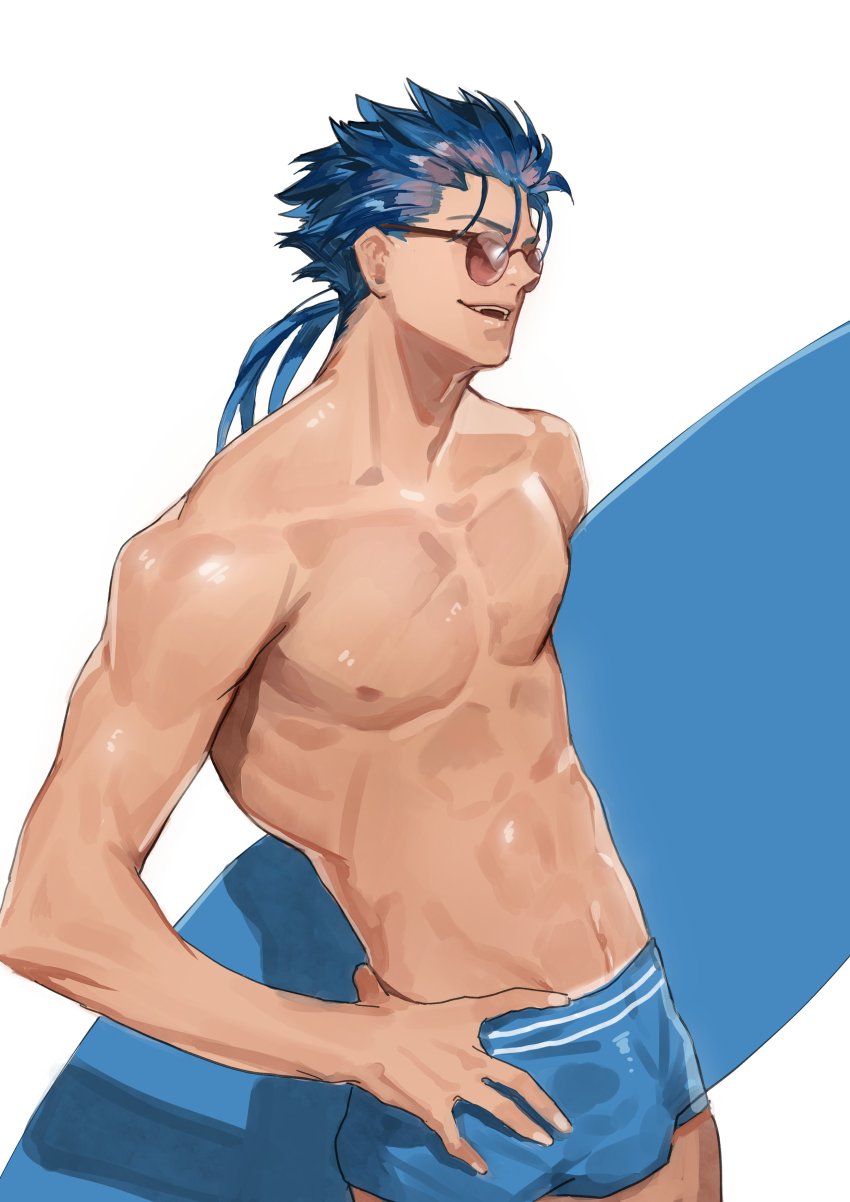 1boy abs absurdres alternate_costume aqua_male_swimwear bk_(aaide114) blue_hair blue_male_swimwear commentary_request cu_chulainn_(fate) cu_chulainn_(fate/stay_night) fate/grand_order fate/hollow_ataraxia fate/stay_night fate_(series) feet_out_of_frame glasses hand_on_own_hip highres holding holding_surfboard korean_commentary long_hair looking_away male_focus male_swimwear ponytail red_eyes simple_background smile solo surfboard swim_trunks swimsuit toned toned_male topless_male white_background