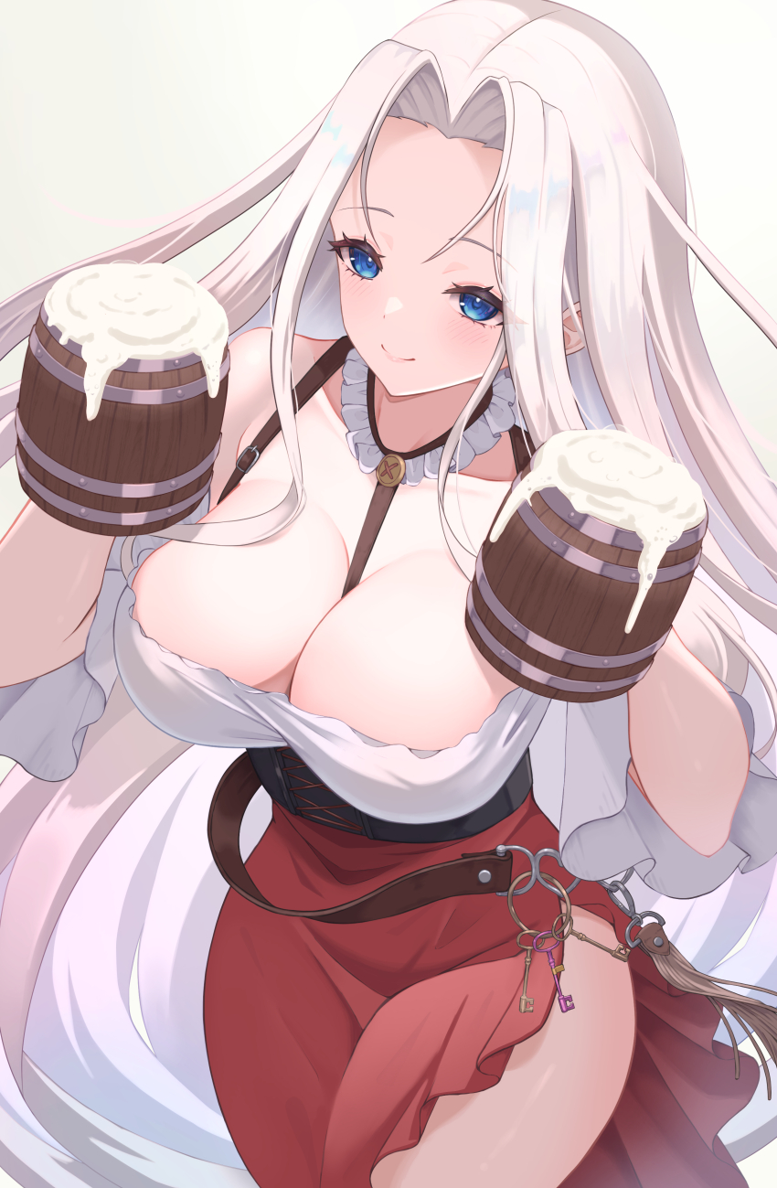 1girl absurdres azur_lane beer_mug belt blue_eyes breasts cleavage closed_mouth corset cup foam forehead hair_intakes highres holding holding_cup key large_breasts long_hair mug red_skirt rizzy short_sleeves side_slit simple_background skirt smile solo very_long_hair white_background white_hair wide_sleeves yorktown_(azur_lane)