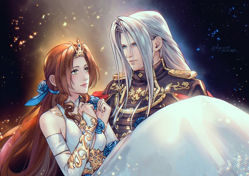 1boy 1girl aerith_gainsborough aerith_gainsborough_(prism_dress) aqua_eyes bare_shoulders black_jacket blue_flower blue_ribbon blue_rose breasts brown_hair carrying closed_mouth couple dated detached_sleeves dress dress_flower final_fantasy final_fantasy_vii final_fantasy_vii_ever_crisis final_fantasy_vii_remake flower gold_trim green_eyes grey_hair hair_flower hair_ornament hair_ribbon hetero jacket kay-i light_smile long_bangs long_dress long_hair looking_at_another low_ponytail medium_breasts military_uniform official_alternate_costume own_hands_together parted_bangs ponytail princess_carry ribbon rose sephiroth sephiroth_(shinra_formal_uniform) tiara twitter_username upper_body white_dress white_sleeves