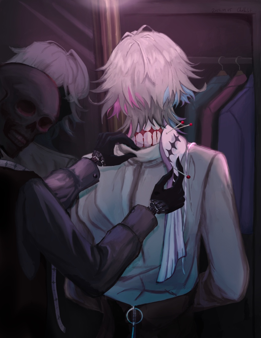 2boys absurdres black_gloves bleeding blood blue_hair chalkelot closet clothes_hanger commentary diamond_choker different_reflection english_commentary from_behind full-length_mirror gavis_bettel gavis_bettel_(1st_costume) gloves grey_hair highres holostars holostars_english injury jerry_(gavis_bettel) looking_at_viewer male_focus medium_hair mirror multicolored_hair multiple_boys nape pale_skin pin pink_hair reflection scarf shirt skeleton solo_focus tailor unworn_clothes upper_body virtual_youtuber white_scarf white_shirt