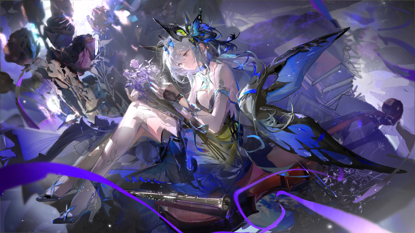 1girl absurdres armlet bare_shoulders black_shoes blue_nails breasts chinese_commentary closed_mouth commentary_request duet_night_abyss fingernails full_body hair_ornament hands_up high_heels highres insect_wings jewelry long_hair medium_breasts nail_polish official_alternate_costume psyche_(duet_night_abyss) ruoganzhao shoes sidelocks solo white_hair wings yellow_eyes