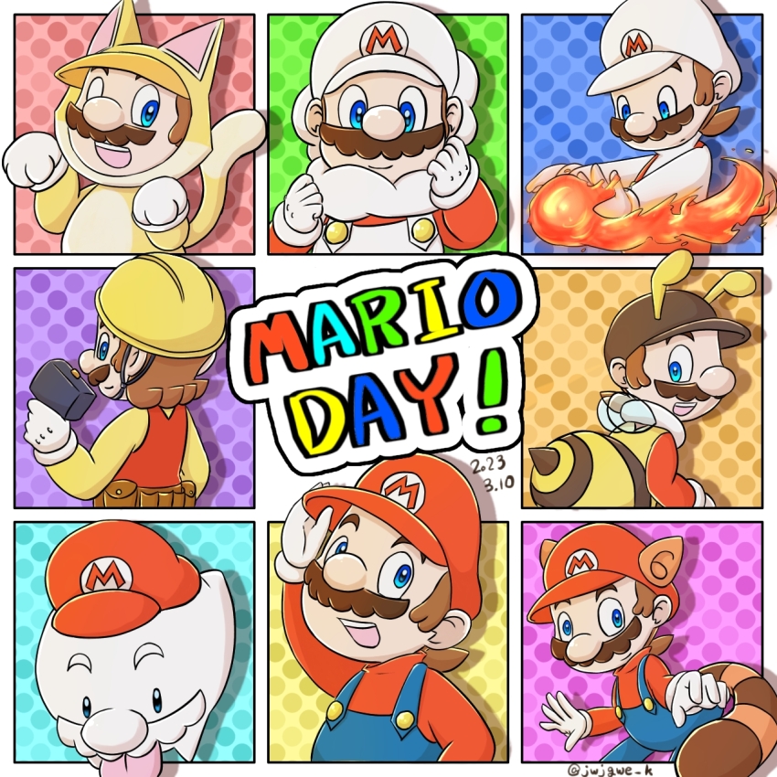 6+boys bee_mario boo_mario brown_hair cat_mario cloud_mario facial_hair fire_mario gloves grin hammer hard_hat hat helmet highres mario mario_(series) mario_day multiple_boys mustache nintendo open_mouth overalls power-up raccoon_mario smile super_mario_3d_world super_mario_bros._1 super_mario_bros._3 super_mario_galaxy super_mario_galaxy_2 super_mario_maker topika