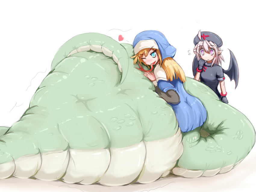 2girls 57mm ahoge aqua_eyes blonde_hair blush demon_girl forked_tongue gloves lamia mon-musu_quest! monster_girl multiple_girls nun one_eye_closed purple_eyes sister_lamia smile snake_tail stomach_bulge tail tongue vore white_hair wink