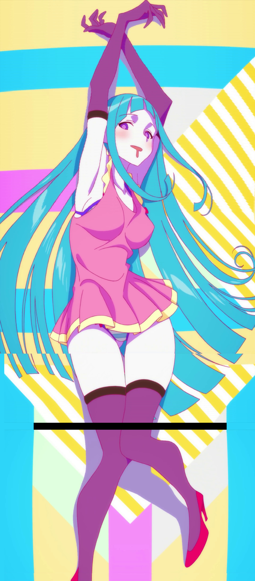 1girl absurdres anime_screenshot arms_up blue_hair detached_sleeves dress drooling frills highres leggings looking_at_viewer lying me!me!me! meme_(me!me!me!) panties pink_dress pop_art purple_eyes red_heels solo stitched striped_clothes striped_panties third-party_edit underwear