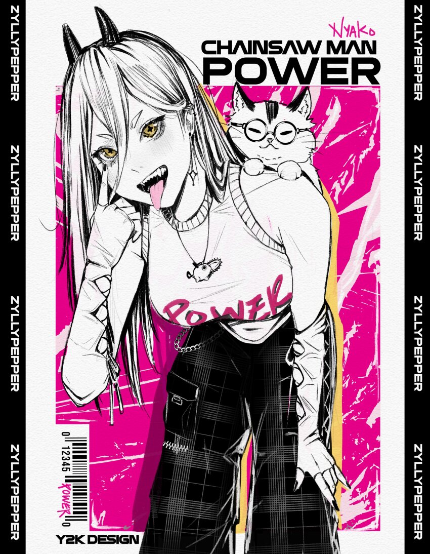 1girl absurdres akanbe alternate_costume animal animal_on_shoulder artist_name barcode black_pants breasts cat cat_on_shoulder chainsaw_man character_name copyright_name cover cross-shaped_pupils demon_horns earrings english_text eyelid_pull fake_magazine_cover glasses gloves hair_between_eyes highres horns jewelry leaning_forward long_hair looking_at_viewer magazine_cover medium_breasts necklace open_mouth pants pink_background plaid_clothes plaid_pants power_(chainsaw_man) sharp_teeth shirt sleeveless solo spot_color symbol-shaped_pupils teeth tongue tongue_out white_cat yellow_eyes zyllypepper