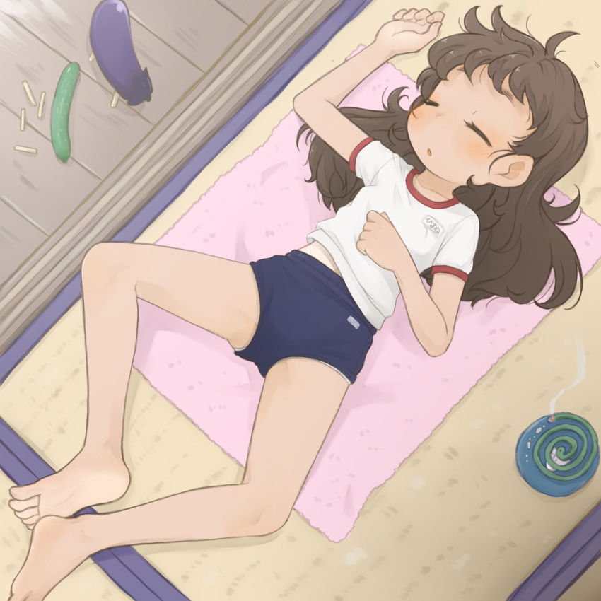 1girl ahoge arm_up barefoot blue_buruma blush brown_hair buruma closed_eyes cucumber eggplant feet gym_uniform highres indoors legs legs_apart loli long_hair lying messy_hair on_back open_mouth original panties panties_under_buruma shirt short_sleeves sleeping soles solo tatami thighs toes towel underwear white_panties white_shirt zangetsumaru