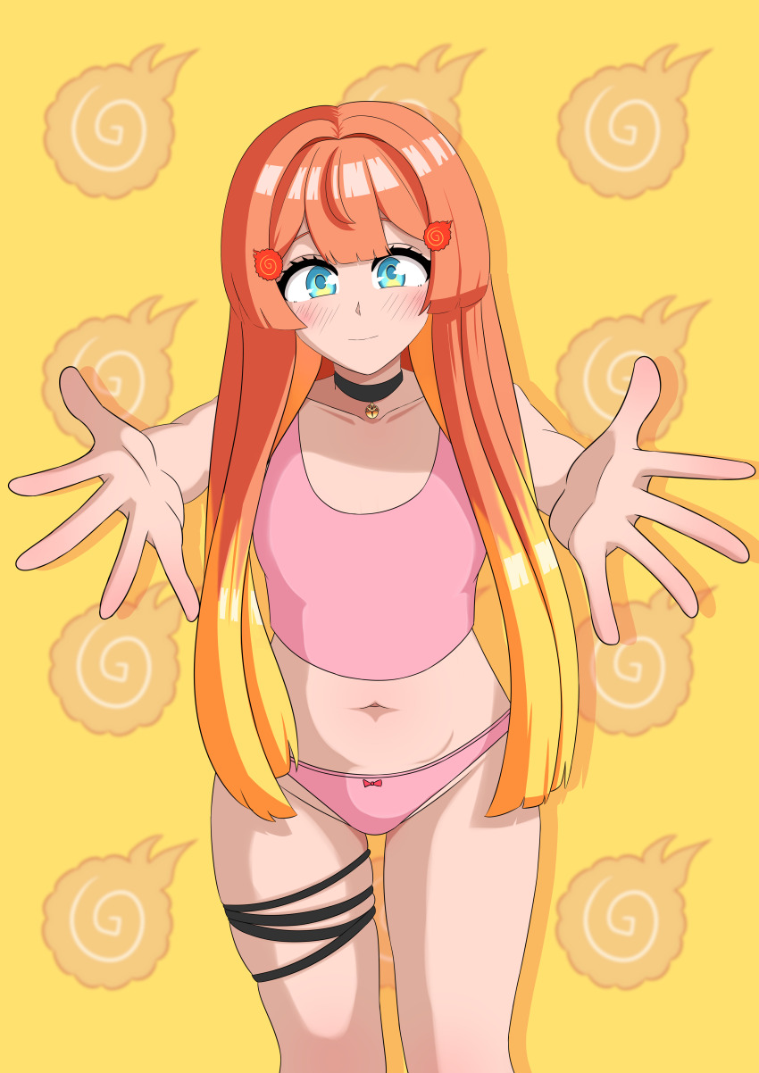1girl absurdres bell blue_eyes blush blush_stickers bow breasts choker commission flat_chest hair_ornament highres jewelry long_hair looking_at_viewer miki_hitsugi multicolored_hair orange_hair outstretched_arms outstretched_hand panties pink_panties ribbon shorts simple_background small_breasts specialite_(company) specialite_en thighs undershirt underwear virtual_youtuber