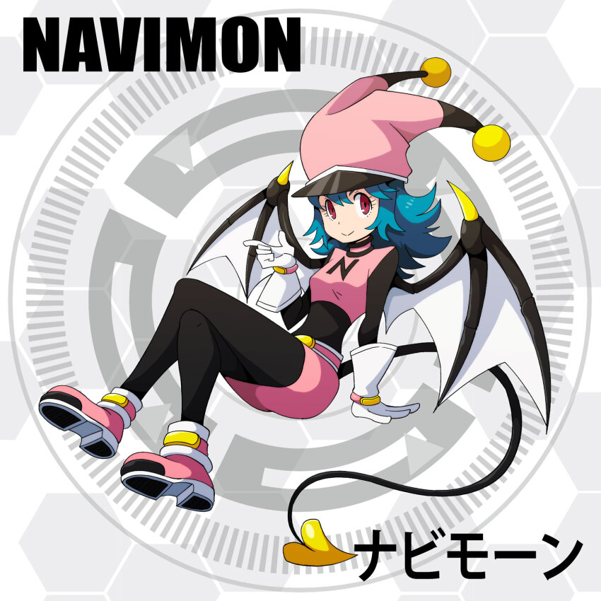1girl blue_hair digimon digimon_(creature) female_focus highres looking_at_viewer navimon_(digimon) smile solo tail wings