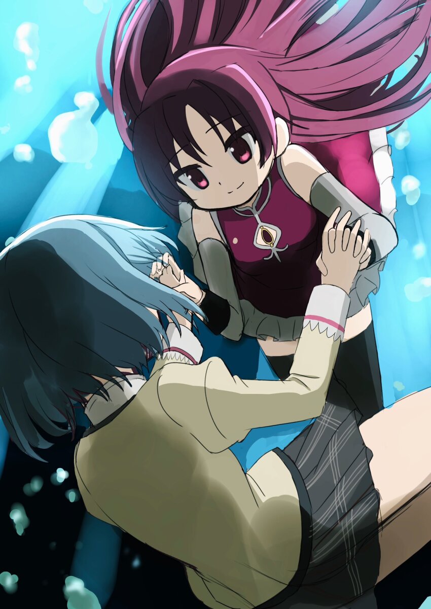 2girls blue_hair highres holding_hands long_hair looking_at_another magical_girl medium_hair miki_sayaka mitakihara_school_uniform multiple_girls red_hair riuriumagi sakura_kyoko sakura_kyoko_(magical_girl) school_uniform sleeveless soul_gem
