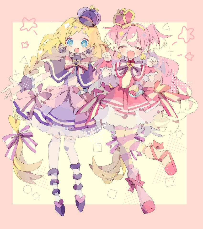 2girls :d absurdres blonde_hair blue_eyes blush bow braid capelet closed_eyes commentary crown cure_friendy cure_wonderful dress earrings facing_viewer frilled_dress frills full_body hands_up highres inukai_iroha inukai_komugi jewelry long_hair looking_at_viewer multiple_girls nikorashi-ka open_mouth pantyhose pink_dress pink_hair pink_pantyhose pink_shoes pink_wrist_cuffs precure purple_bow purple_capelet purple_dress purple_shoes purple_wrist_cuffs red_bow shoes smile star_(symbol) striped_clothes striped_pantyhose thighhighs twin_braids white_thighhighs wonderful_precure! wrist_cuffs yellow_pantyhose