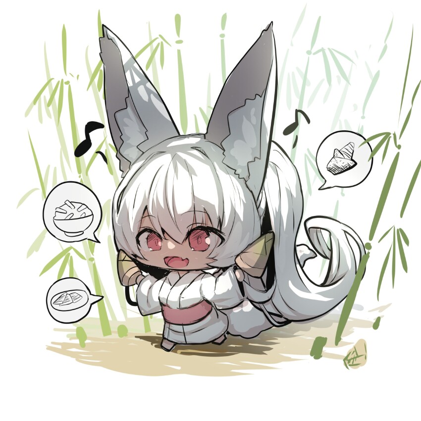 1girl :d absurdly_long_hair animal_ear_fluff animal_ears bamboo bamboo_shoot barefoot bowl chibi chibi_only commentary_request eighth_note fang fox_ears fox_girl fox_tail hair_between_eyes happy highres holding japanese_clothes kimono long_hair long_sleeves musical_note obi open_mouth original plate ponytail red_eyes rice rice_bowl running sash smile solo spoken_food tail very_long_hair white_background white_hair white_kimono wide_sleeves yuuji_(yukimimi)