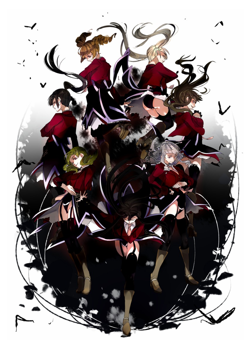 6+girls asmodeus_(umineko) ass beelzebub_(umineko) belphegor_(umineko) black_hair black_legwear blonde_hair boots brown_hair drill_hair closed_eyes garter_straps green_hair hand_on_own_hip highres leotard leviathan_(umineko) lucifer_(umineko) mammon_(umineko) multiple_girls necktie ponytail red_eyes satan_(umineko) smile sofy stakes_of_purgatory thighhighs twin_drills twintails umineko_no_naku_koro_ni white_hair