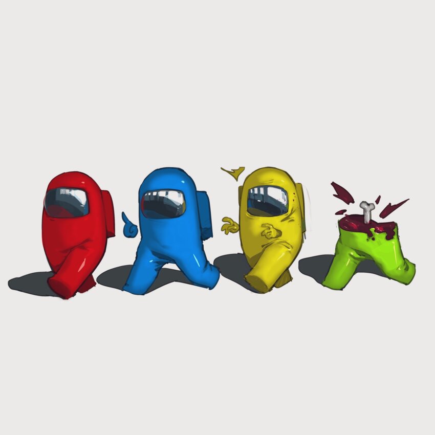 4others among_us blood blue_(among_us) bone cartoon_bone crewmate_(among_us) full_body green_(among_us) grey_background highres implied_murder impostor_(among_us) index_finger_raised kaerudouhu multiple_others rayman_limbs red_(among_us) simple_background spacesuit surprised walking yellow_(among_us)