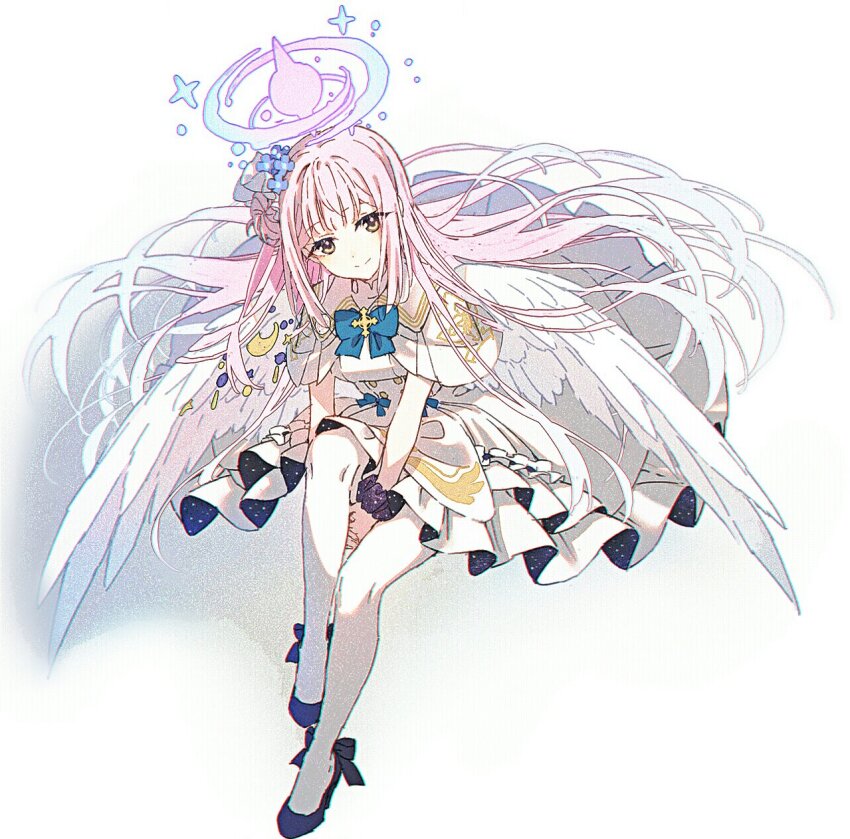 1girl angel_wings black_bow black_shoes blue_archive blue_bow blue_bowtie blue_flower blue_hair bow bowtie capelet closed_mouth dress dress_bow feathered_wings floating_hair flower footwear_bow frilled_dress frills from_above full_body gradient_hair hair_bun hair_flower hair_ornament hakusai_(tiahszld) halo highres hugging_own_legs knees_up long_hair looking_at_viewer mika_(blue_archive) multicolored_hair pantyhose pink_hair pink_halo sailor_collar school_uniform serafuku shoes simple_background single_side_bun smile solo split_mouth very_long_hair white_background white_capelet white_dress white_pantyhose white_sailor_collar white_serafuku white_wings wings