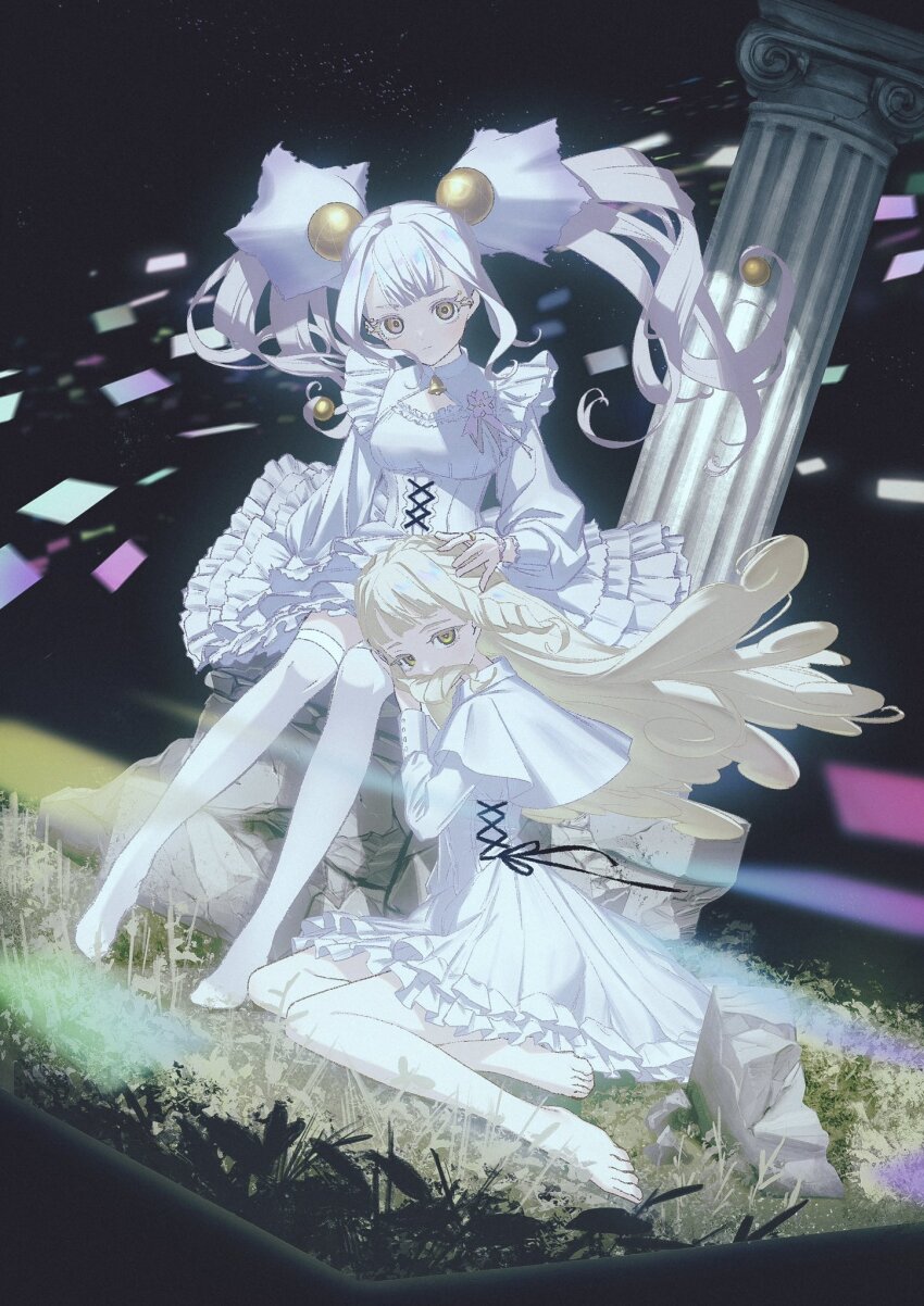 2girls bare_legs barefoot bell black_ribbon blonde_hair colored_eyelashes commentary dress drill_hair drill_sidelocks floating_hair frilled_dress frills full_body grass half-closed_eyes hand_on_another&#039;s_head hand_up head_on_another&#039;s_leg highres himitsu_no_aipri himitsupuri jewelry long_hair long_sleeves looking_at_viewer medium_dress multiple_girls neck_bell pillar pretty_series ribbon ring ring_clover sidelocks sitting straight_hair suzukaze_tsumugi_(princess_aipri) symbol-shaped_pupils thighhighs triangle-shaped_pupils twintails v-shaped_eyebrows white_dress white_hair white_thighhighs yellow_eyes zettai_ryouiki