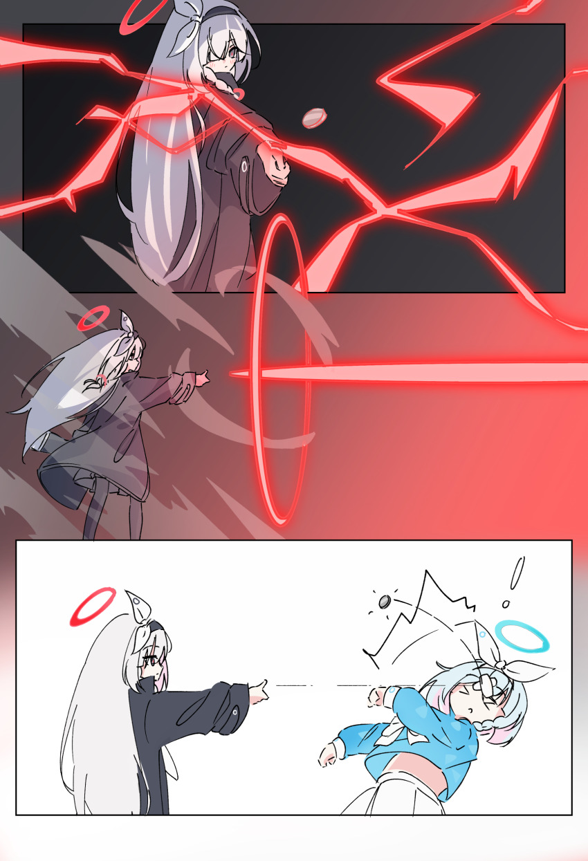&gt;_&lt; 2girls 3koma absurdres arona_(blue_archive) blue_archive blue_hair coin comic grey_hair highres multiple_girls plana_(blue_archive) railgun_(misaka_mikoto) red_lightning rizuaki school_uniform toaru_kagaku_no_railgun toaru_majutsu_no_index