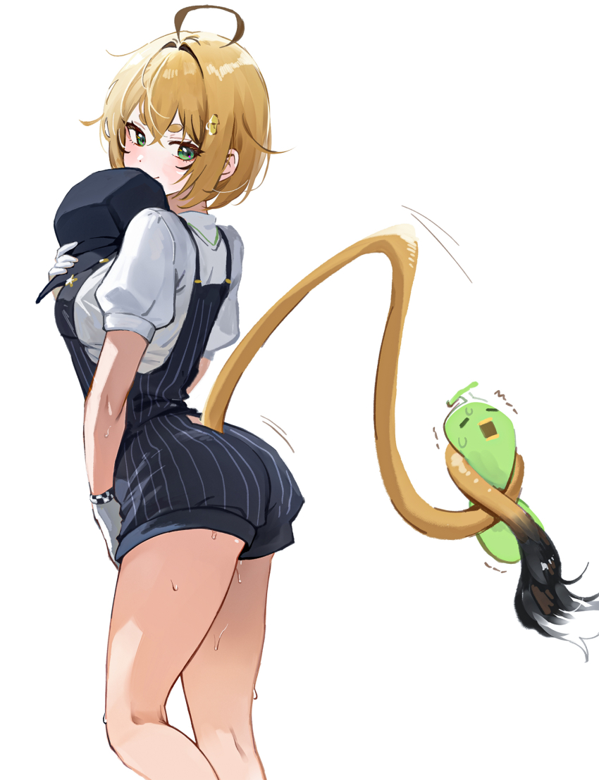 1girl ahoge blonde_hair blush brown_hair checkered_gloves dooby_(vtuber) from_side green_eyes hat highres holding holding_unworn_clothes holding_unworn_hat holding_with_tail indie_virtual_youtuber jerboa_tail kippu_(dooby) looking_back mealbox mouse_girl mouse_tail multicolored_hair overall_shorts overalls pinstripe_overalls prehensile_tail puffy_sleeves shirt short_sleeves standing streaked_hair striped_overalls sweat tail train_conductor unworn_hat unworn_headwear virtual_youtuber white_background white_shirt
