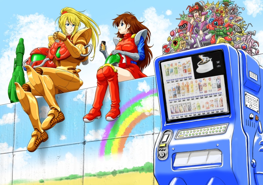 3girls armor blonde_hair blue_eyes blue_sky breasts can canned_coffee character_request cloud commission drink_can gemini69 gloves grey_gloves helmet highres holding holding_can kanda_momo medium_breasts metroid multiple_girls nintendo normal_suit_(metroid) pixiv_commission ponytail power_armor power_suit power_suit_(metroid) red_skirt samus_aran sitting skirt sky unworn_headwear unworn_helmet vending_machine wonder_momo
