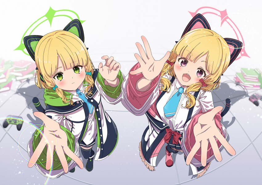 2girls absurdres animal_ear_headphones animal_ears aqua_necktie arms_up black_boots black_jacket black_shorts black_skirt black_thighhighs blonde_hair blue_archive blunt_bangs blurry blurry_background blush book book_stack boots bow breasts buttons cat_ear_headphones cat_ears closed_mouth collared_shirt commentary controller depth_of_field dot_nose dress_shirt fake_animal_ears fisheye frilled_jacket frilled_skirt frills from_above game_controller green_bow green_eyes green_halo green_jacket hair_bow halo headphones highres hood hooded_jacket jacket kakizaki_akira lens_flare light_particles long_sleeves looking_at_viewer low-tied_sidelocks midori_(blue_archive) momoi_(blue_archive) multicolored_jacket multiple_girls necktie off_shoulder open_clothes open_hand open_hands open_jacket open_mouth palms parted_bangs pigeon-toed pinching_gesture pink_boots pink_eyes pink_halo pink_jacket pleated_skirt reaching reaching_towards_viewer red_bow school_uniform shadow shirt short_hair short_necktie short_shorts shorts siblings sidelocks sisters skirt smile spread_fingers standing suspender_skirt suspenders teeth thighhighs tile_floor tiles twins unbuttoned untucked_shirt upper_teeth_only white_background white_jacket white_shirt wide_sleeves