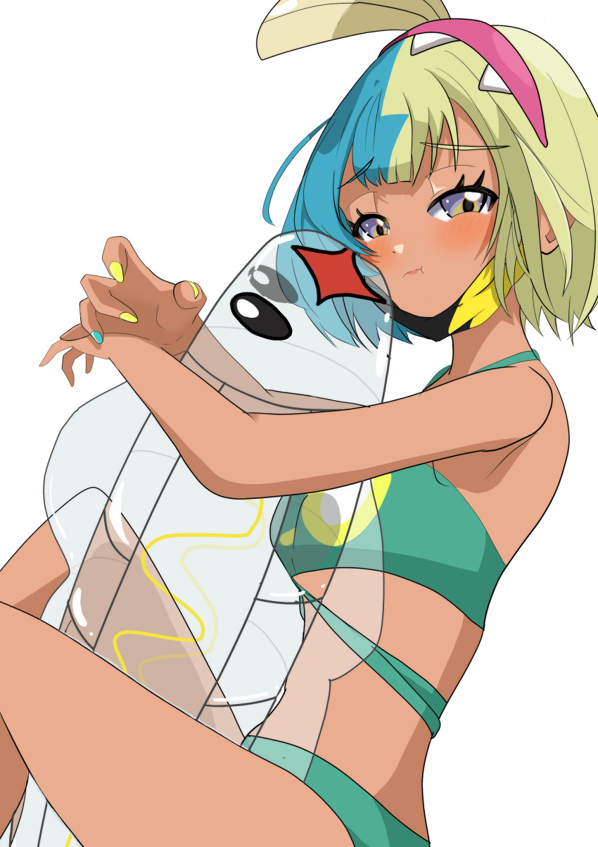 absurdres bare_shoulders bikini black_mask blonde_hair blue_eyes blue_hair blush bob_cut canari_(pokemon) gen_5_pokemon green_bikini headband highres hiromu holding holding_toy hugging_object inflatable_toy looking_at_viewer mask mouth_mask multicolored_eyes multicolored_hair multicolored_nails nintendo pokemon pokemon_(creature) pokemon_legends:_z-a pout short_hair split-color_hair swimsuit thighs toy two-tone_eyes two-tone_mask two-tone_nails tynamo white_background yellow_eyes yellow_mask