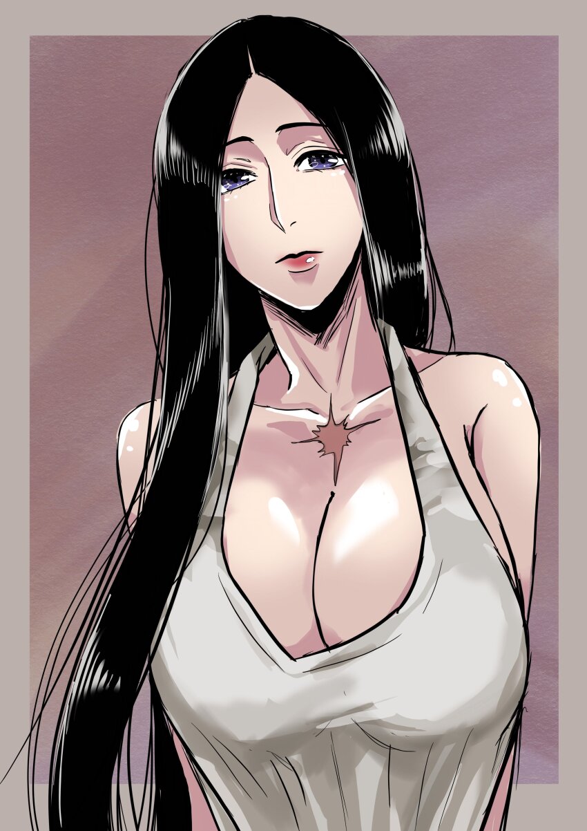 1girl absurdres anno_im bare_shoulders black_hair bleach bleach:_sennen_kessen-hen breasts collarbone female_focus hair_down highres large_breasts lips long_hair looking_at_viewer scar scar_on_chest shiny_skin tank_top unohana_retsu upper_body