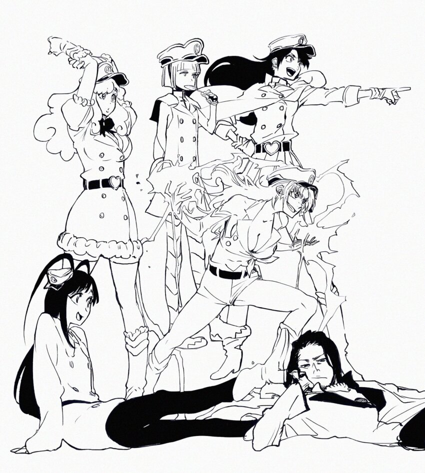 2boys 4girls bambietta_basterbine bleach bleach:_sennen_kessen-hen breasts candice_catnipp cleavage coyote_starrk giselle_gewelle hat highres liltotto_lamperd long_hair medium_breasts meninas_mcallon multiple_boys multiple_girls peaked_cap small_breasts