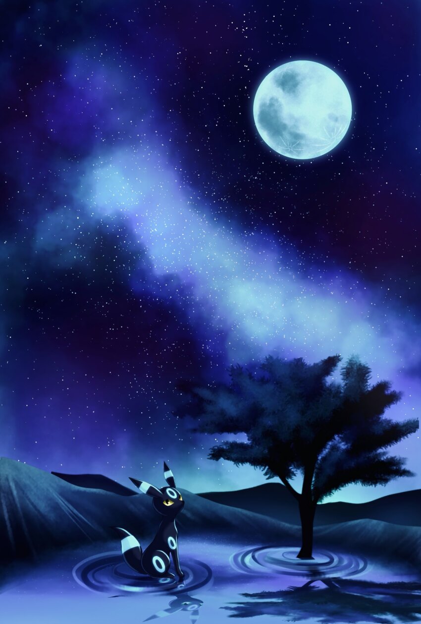 alternate_color blue_moon colored_sclera full_moon gen_2_pokemon highres hinona_26587 looking_at_viewer moon night nintendo no_humans pokemon pokemon_(creature) reflection reflective_water shiny_pokemon sitting solo tree umbreon water yellow_sclera