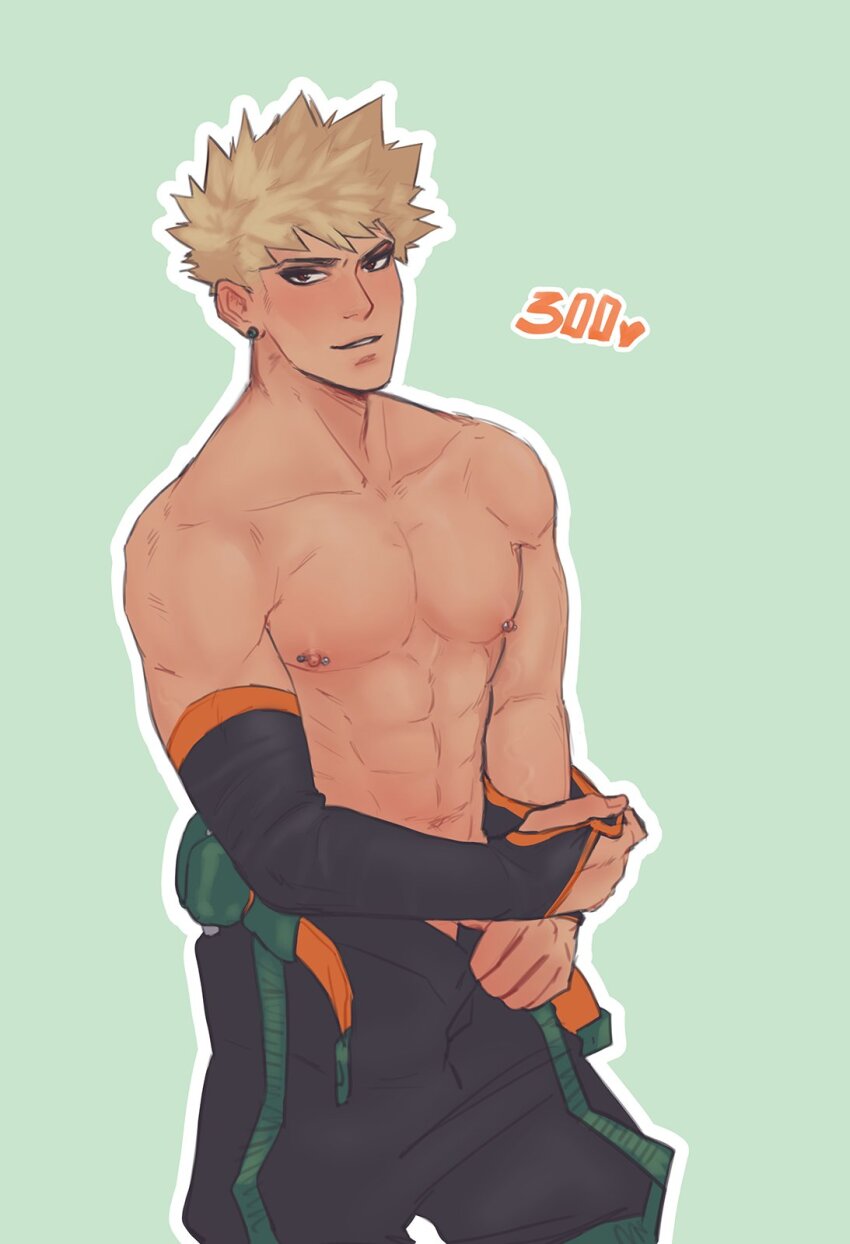 1boy abs bakugou_katsuki blonde_hair boku_no_hero_academia collarbone highres looking_at_viewer male_focus nipple_bar nipple_piercing nipples outline pectorals piercing short_hair solo spacenipnops spiked_hair superhero_costume topless_male twitter_strip_game undressing white_outline