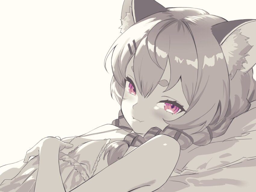 1girl animal_ear_fluff babydoll bare_shoulders braid commentary english_commentary fangs greyscale highres komachi_panko long_hair looking_at_viewer lying monochrome on_back phase_connect pink_eyes red_panda_ears red_panda_girl simple_background skin_fangs solo spot_color sunsetskyline third-party_source twin_braids virtual_youtuber white_background