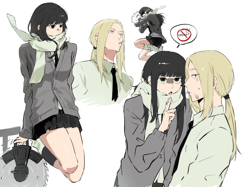 1boy 1girl 5a1_uei absurdres black_eyes black_hair black_necktie black_skirt blonde_hair blush cigarette_pack circular_saw facial_scar full_body green_neckerchief green_shirt grey_sweater hair_ornament hair_scrunchie highres holding holding_cigarette_pack holding_saw image_in_speech_bubble kneehighs long_hair looking_at_another looking_to_the_side neckerchief necktie no_smoking open_mouth osaragi_(sakamoto_days) ponytail sakamoto_days saw scar scar_on_cheek scar_on_face scrunchie shaded_face shirt shishiba_(sakamoto_days) sidelocks simple_background skirt slit_pupils socks speech_bubble sweatdrop sweater upper_body white_background