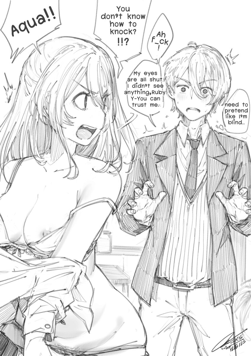 1boy 1girl ^^^ absurdres angry blush bra breasts dated english_text female_pubic_hair fkscrashing hair_between_eyes highres hoshino_aquamarine hoshino_ruby long_hair medium_breasts monochrome nipple_slip nipples open_mouth oshi_no_ko pubic_hair pubic_hair_peek siblings signature speech_bubble strap_slip twins underwear undressing