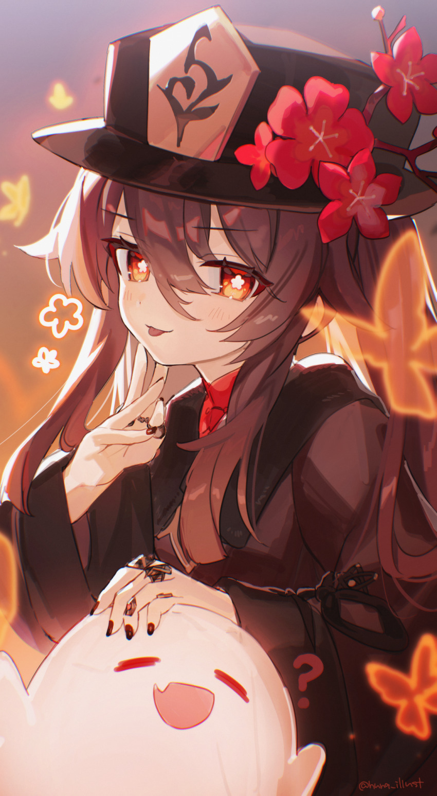 1boy 1girl :p =_= ? artist_name black_nails boo_tao_(genshin_impact) brown_hair bug butterfly chinese_clothes collared_coat commentary flower flower-shaped_pupils funa_(sakana) genshin_impact ghost hair_between_eyes hat hat_flower highres hu_tao_(genshin_impact) insect jewelry long_hair long_sleeves looking_at_viewer multiple_rings nail_polish plum_blossoms porkpie_hat red_eyes red_flower ring smile symbol-shaped_pupils tongue tongue_out twintails