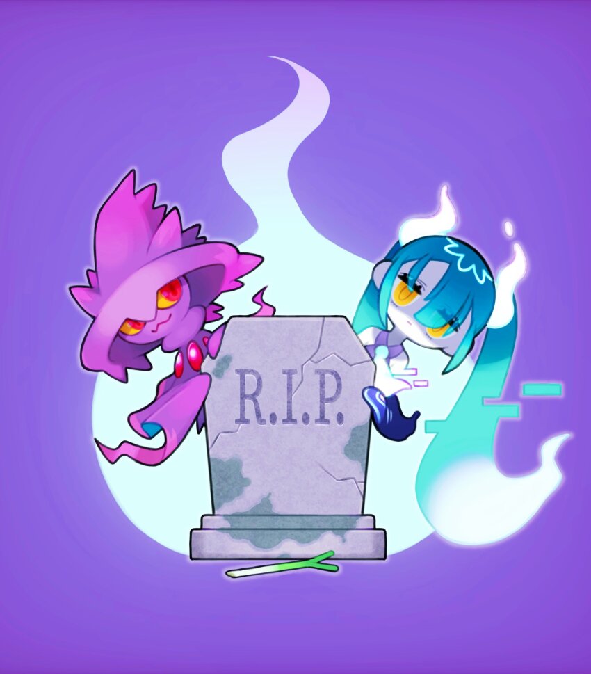 1girl blue_hair choppy_bangs closed_mouth collared_shirt colored_skin commentary_request detached_arm detached_sleeves expressionless gen_4_pokemon ghost_miku_(project_voltage) glitch glowing glowing_hair glowing_neckwear hair_ornament hair_over_one_eye hatsune_miku highres hitodama jitome long_hair looking_at_viewer mismagius multicolored_hair nintendo peeking_out pokemon pokemon_(creature) project_voltage purple_background purple_shirt rest_in_peace_(phrase) shaded_face shirt sleeveless sleeveless_shirt sleeves_past_fingers sleeves_past_wrists solo spring_onion tombstone twintails very_long_hair vocaloid white_hair white_skin yarkham_asylum yellow_eyes