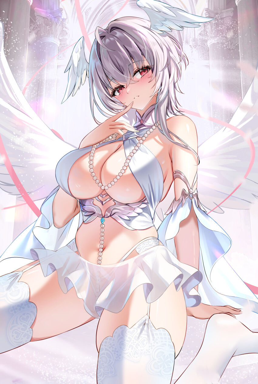 1girl absurdres akusamu azur_lane blush breasts garter_straps head_wings highleg highleg_panties highres jewelry large_breasts medium_hair necklace panties parted_lips pearl_(azur_lane) pearl_necklace sitting skirt solo thighhighs underwear wariza white_garter_straps white_hair white_panties white_skirt white_thighhighs white_wings wings