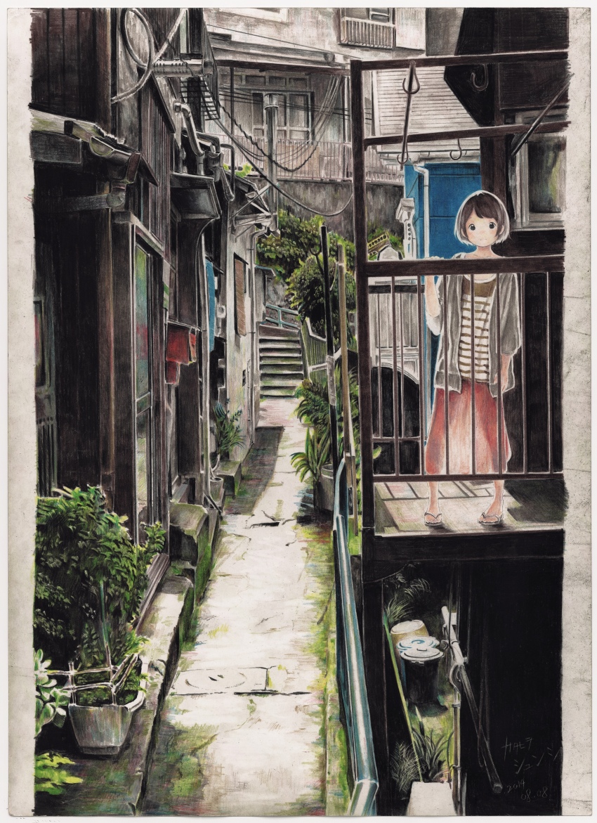 1girl absurdres black_eyes border brown_hair building colored_pencil_(medium) dated highres hook long_sleeves looking_at_viewer nekojarashi_(yuuga) original outdoors pink_skirt plant shirt short_hair skirt solo striped_clothes striped_shirt traditional_media trash_can tree white_border wide_shot